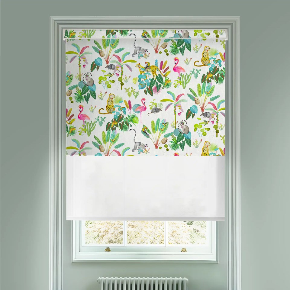 Blackout Jungle Jamboree Natural and Sheer White Electric Double Roller Blind