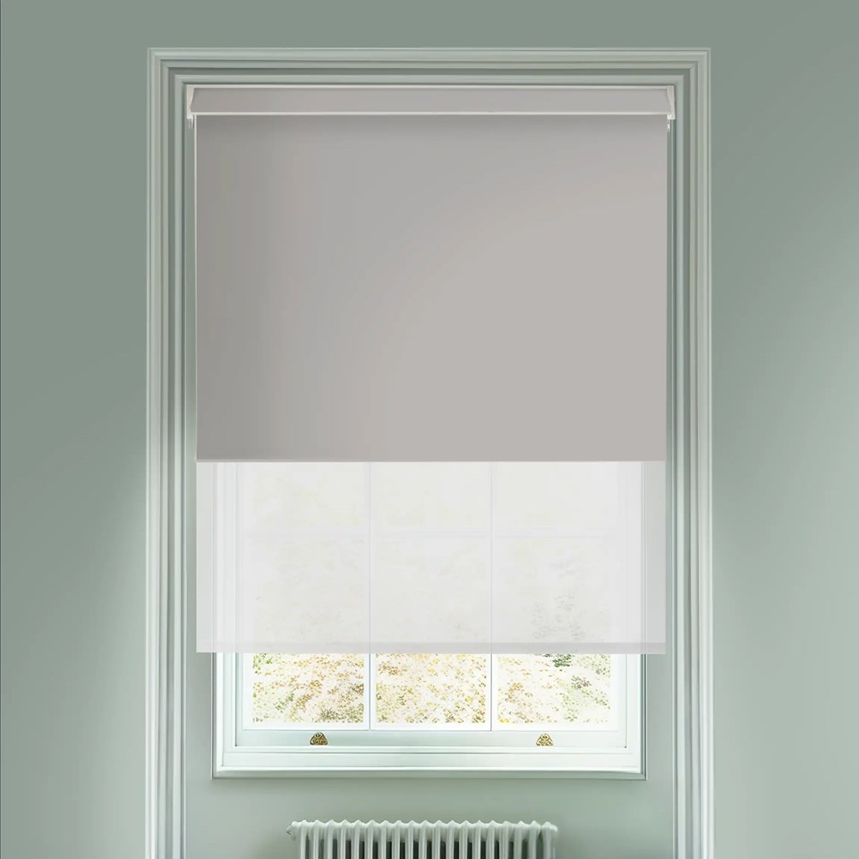 Blackout Windsor Light Grey and Sheer Metal Electric Double Roller Blind