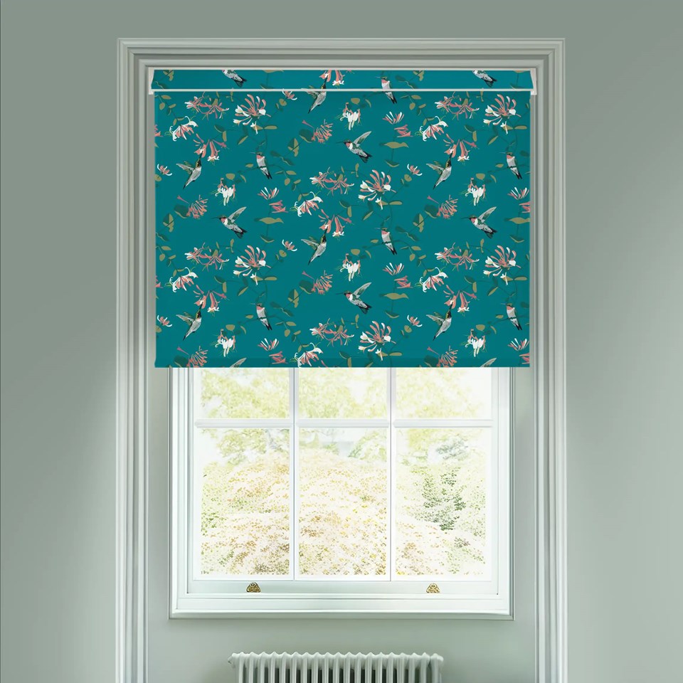 Hummingbird Teal Electric Roller Blind by Lorna Syson